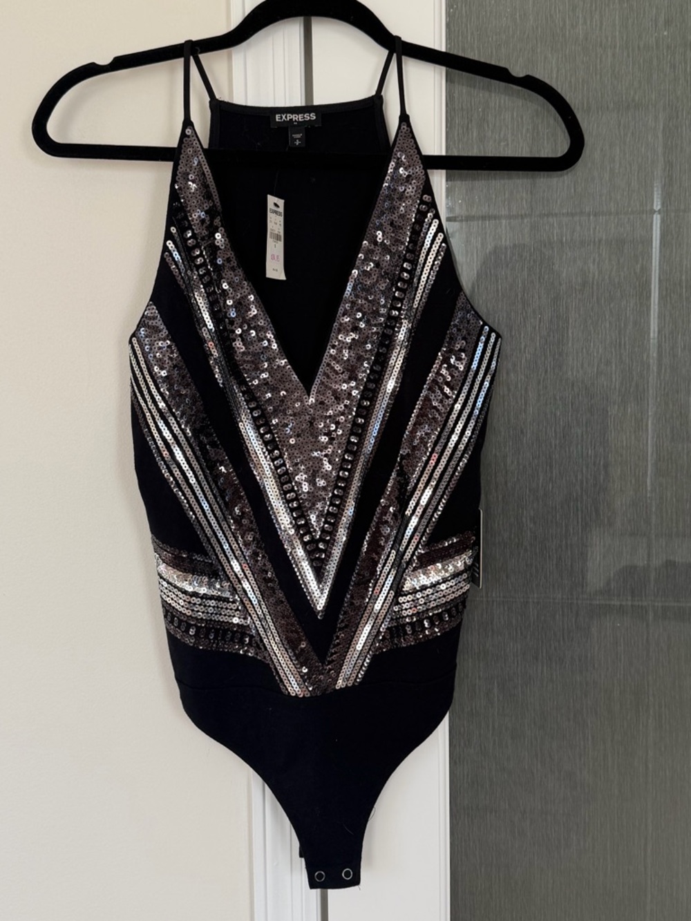 Express Black Sequin V-Neck Bodysuit with Silver Accents